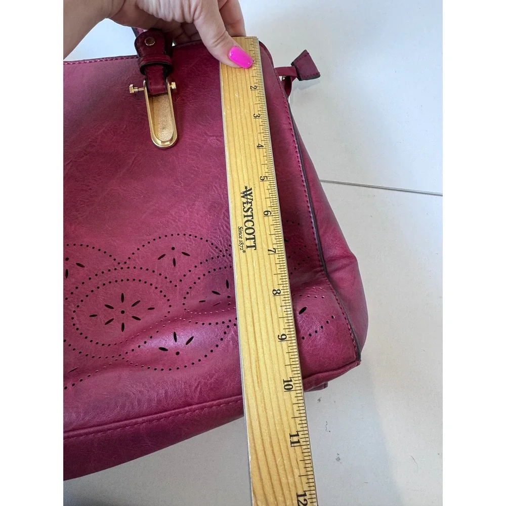 Laser Cut Satchel Handbag Women Medium Magenta Faux Leather‎ Boho Chic